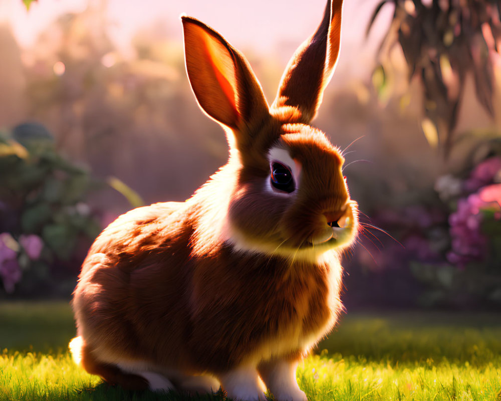 Realistic brown rabbit on grassy field with purple flowers under warm sunlight