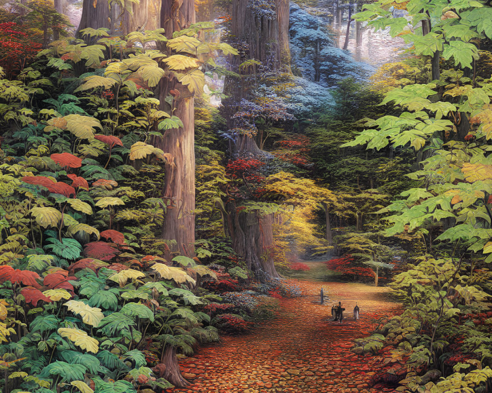 Colorful Autumn Forest Scene with Fallen Leaves and Figures