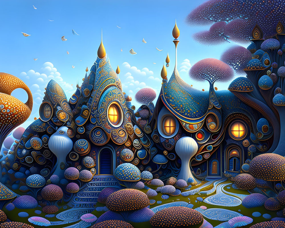 Fantasy landscape with onion-domed structures and mushroom-like flora under a bird-filled sky