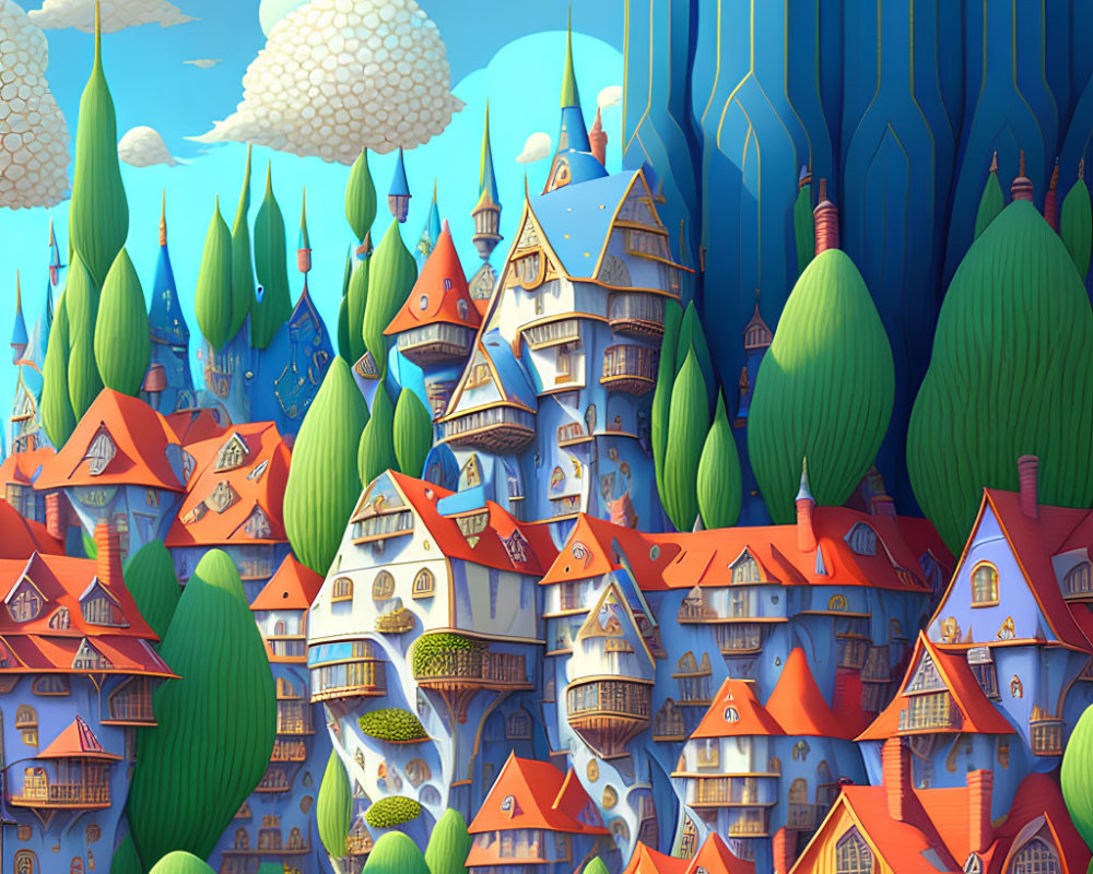 Colorful fantasy village illustration with quirky houses and mountains