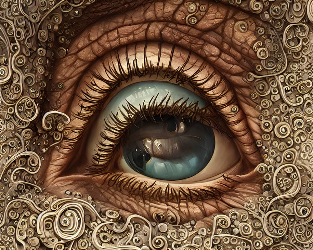 Detailed surreal illustration of human eye with swirling shell patterns