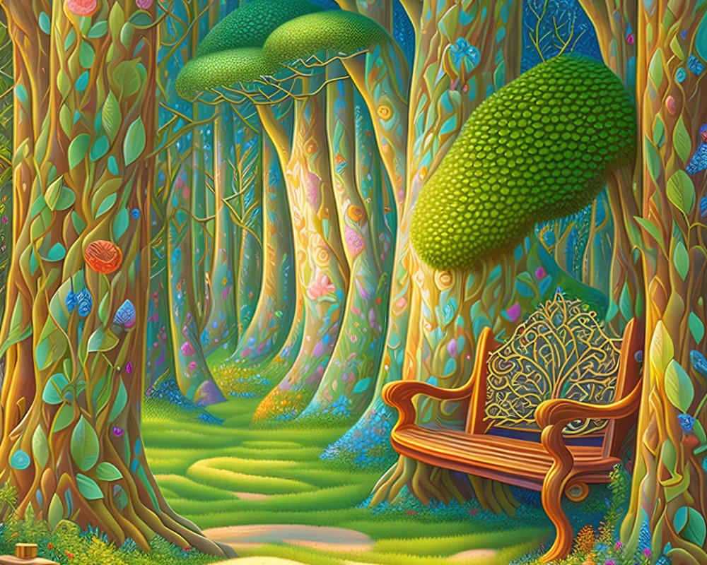 Colorful Forest Scene with Oversized Mushrooms, Winding Path, and Wooden Bench