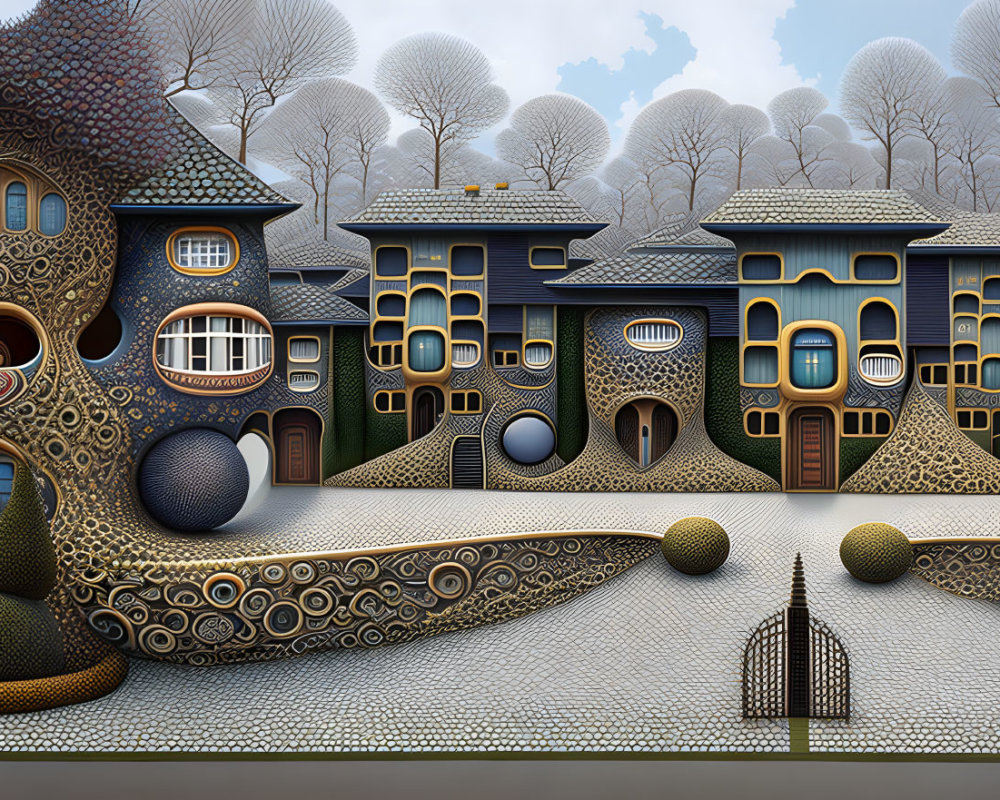 Whimsical surreal architecture with circular doors and windows in a fantasy landscape