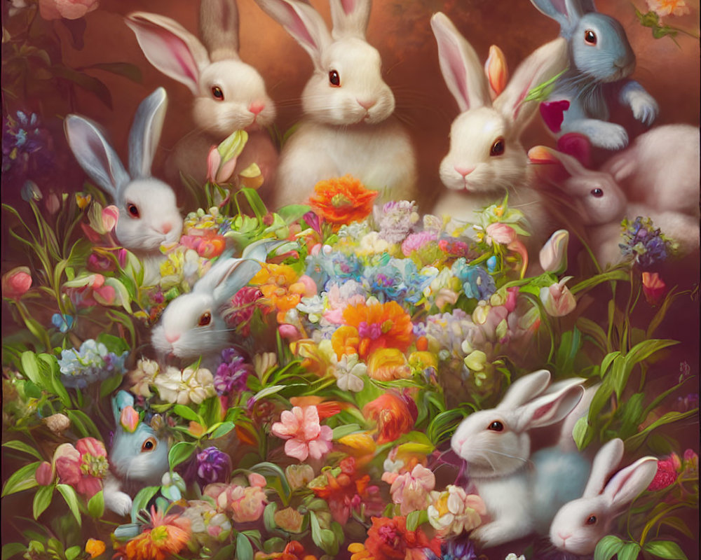 Illustration of multiple rabbits in various poses amid colorful flowers on a warm, moody backdrop