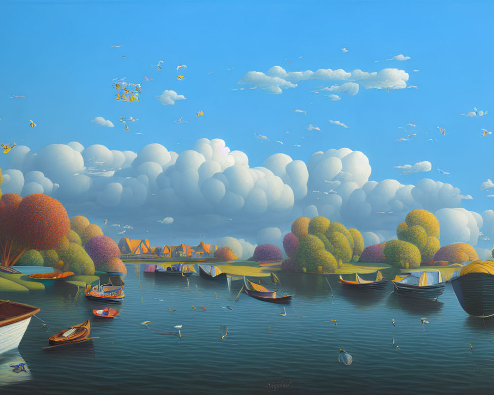 Colorful Fluffy Trees, Calm Lake, Boats, Swans, Sky with Clouds