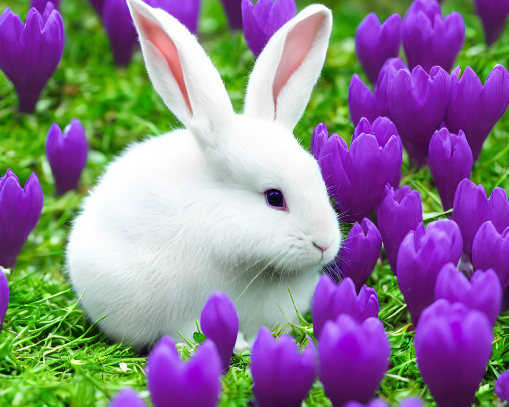 White Rabbit Amid Purple Crocus Flowers on Green Background