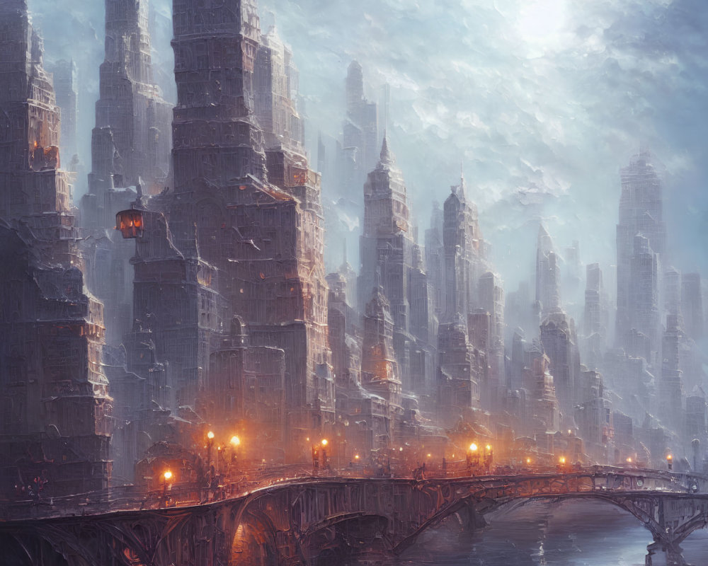 Futuristic cityscape painting with skyscrapers, bridge, and dramatic sky.