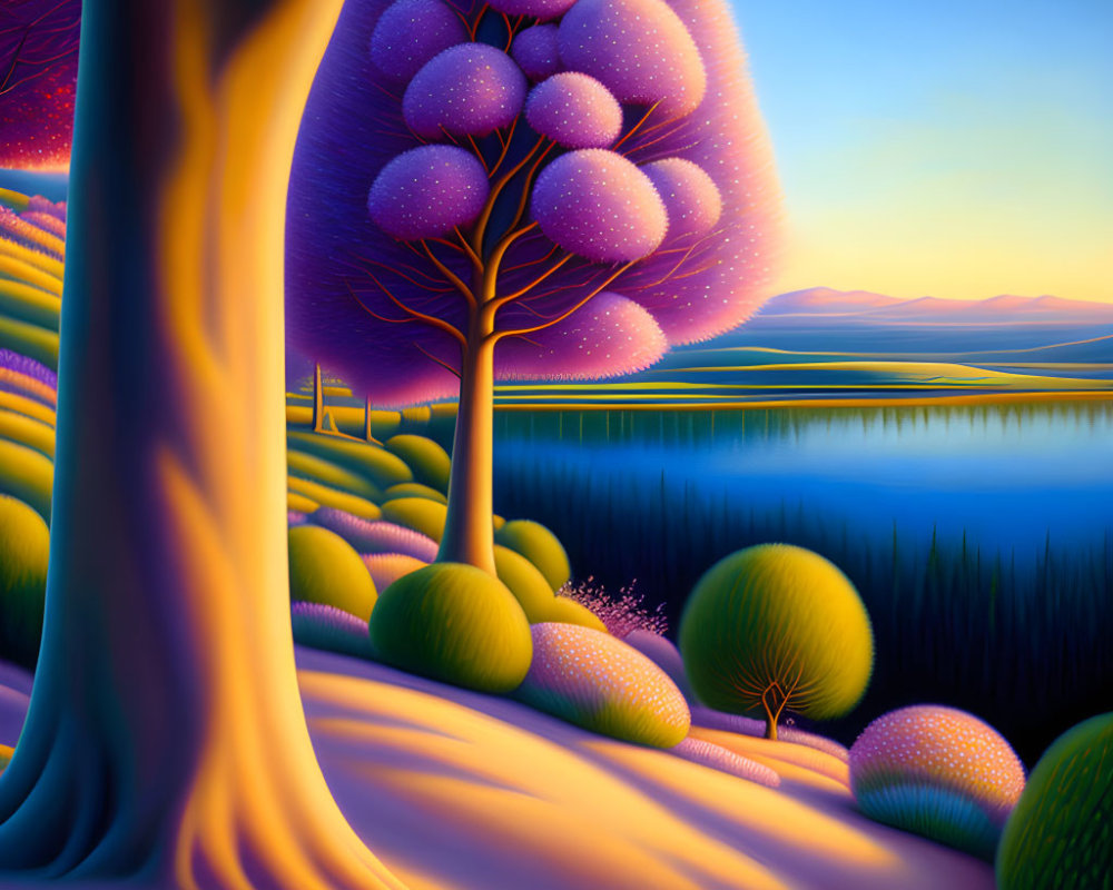 Colorful stylized landscape with rounded trees and serene water at sunset