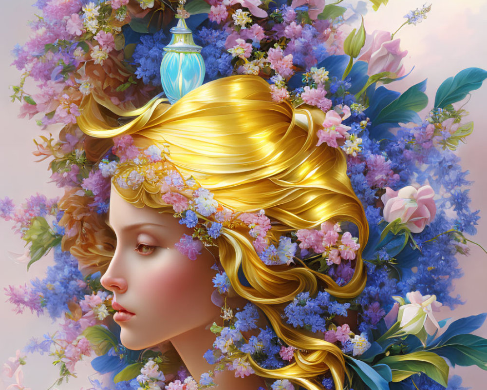 Profile view of woman with golden hair adorned with blue and pink flowers and foliage.