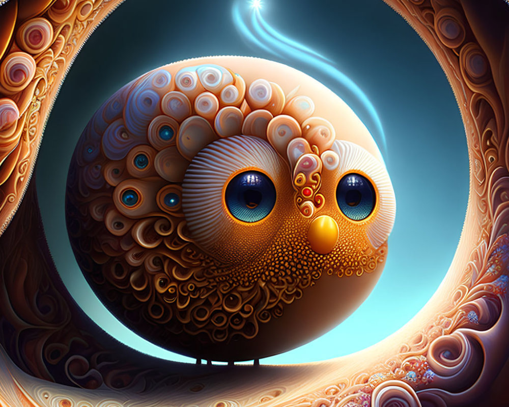 Detailed round owl illustration against crescent moon and stars