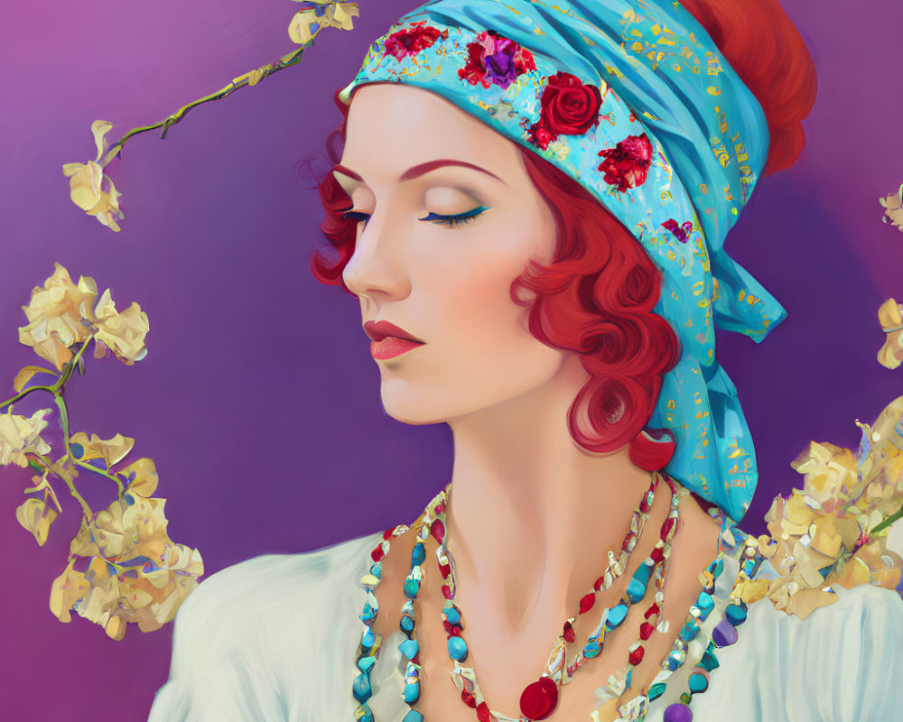 Red-haired woman in blue floral headscarf with vibrant necklaces, yellow flowers, purple backdrop