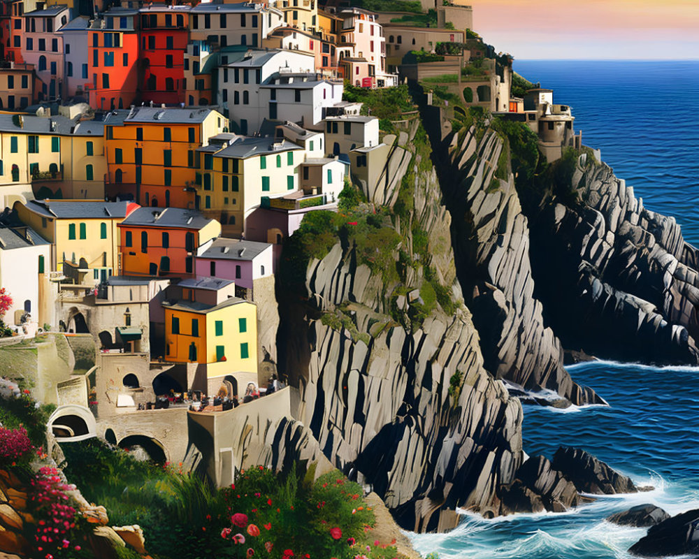 Vibrant cliffside buildings above sea with flowers and sunset sky