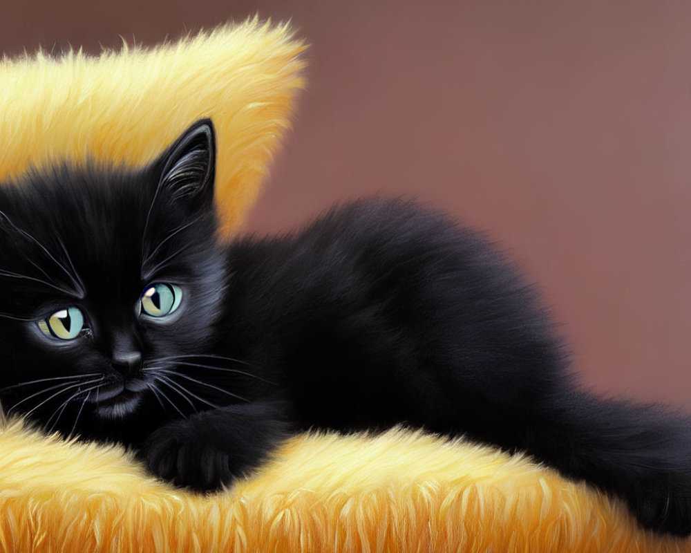 Black Kitten with Green Eyes on Yellow Cushion Against Brown Background