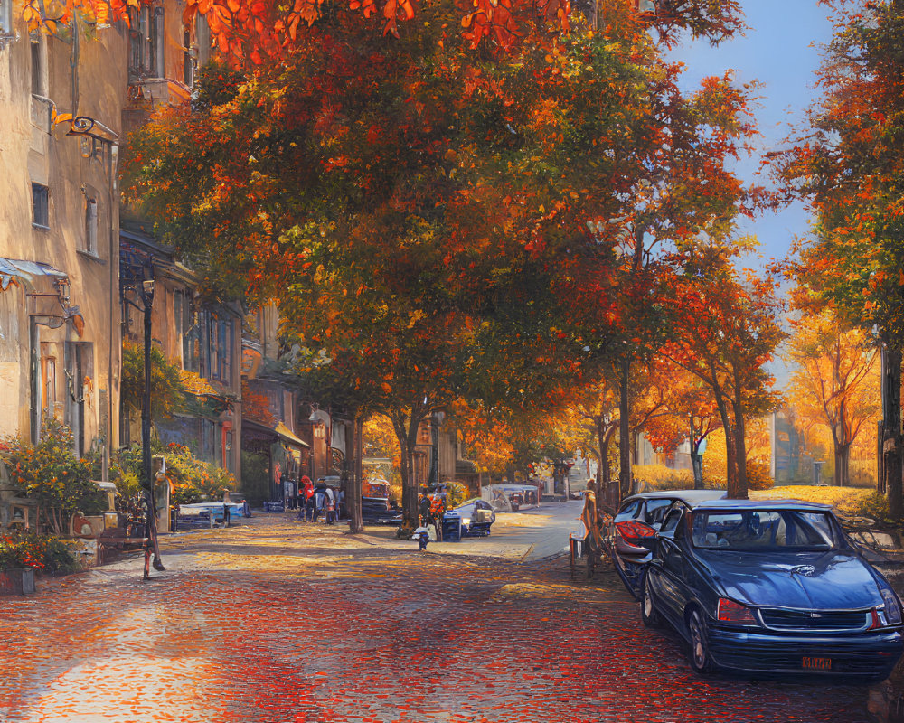 Vibrant autumn street scene with colorful trees and buildings