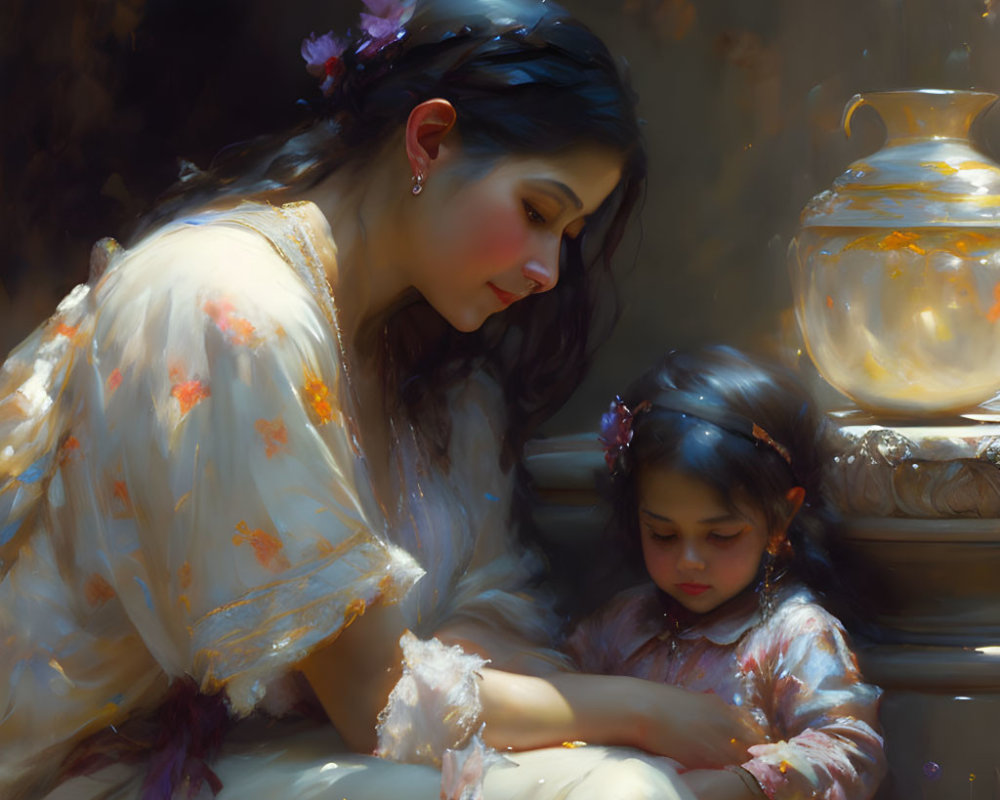 Ethereal painting: Woman and child with flowers, glowing object in warm ambiance