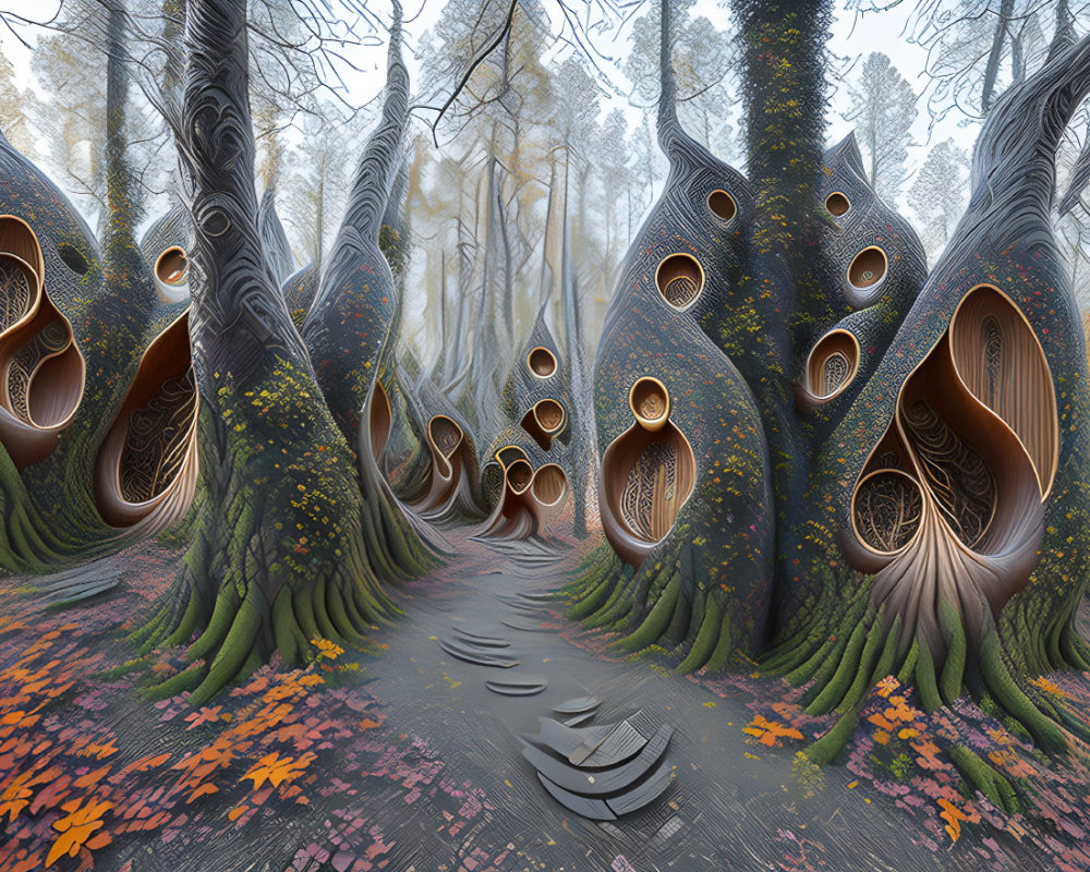 Whimsical surreal forest with trumpet-shaped trees and foggy ambiance