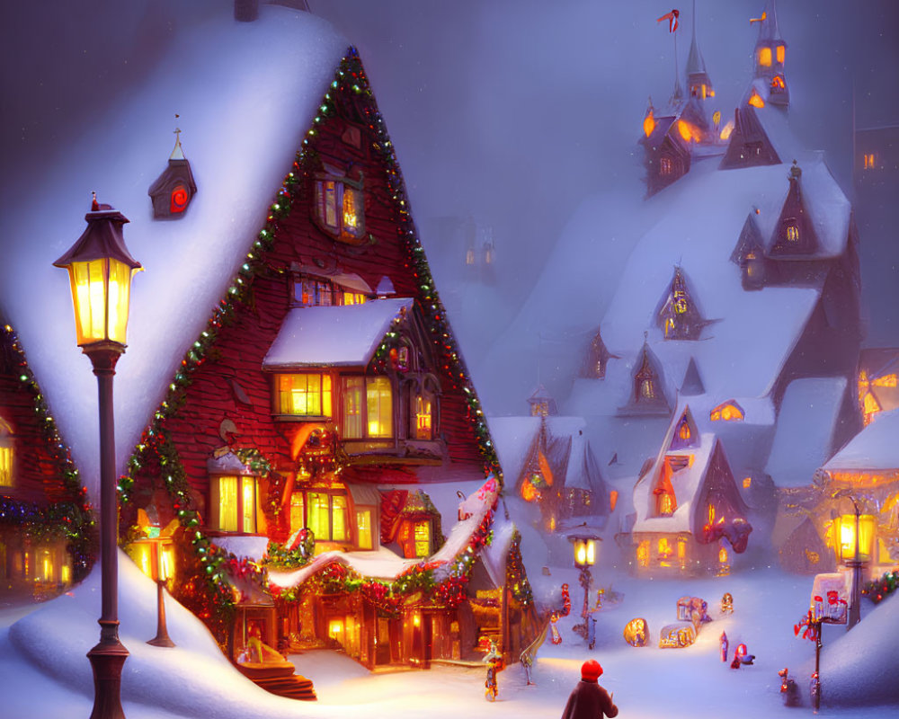 Snowy Village Decorated with Christmas Lights at Twilight