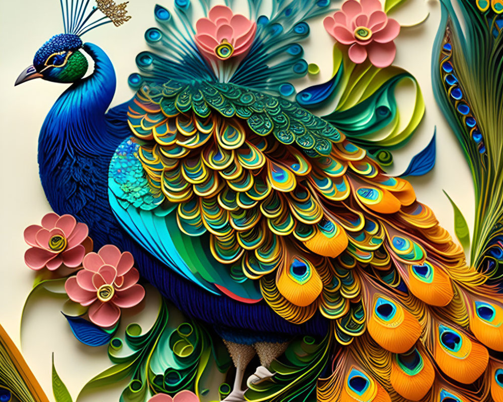 Colorful Peacock Illustration with Blues and Greens and Ornate Feathers