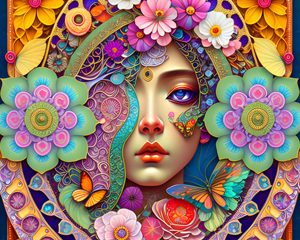 Colorful digital artwork: Woman's face with flowers and butterflies