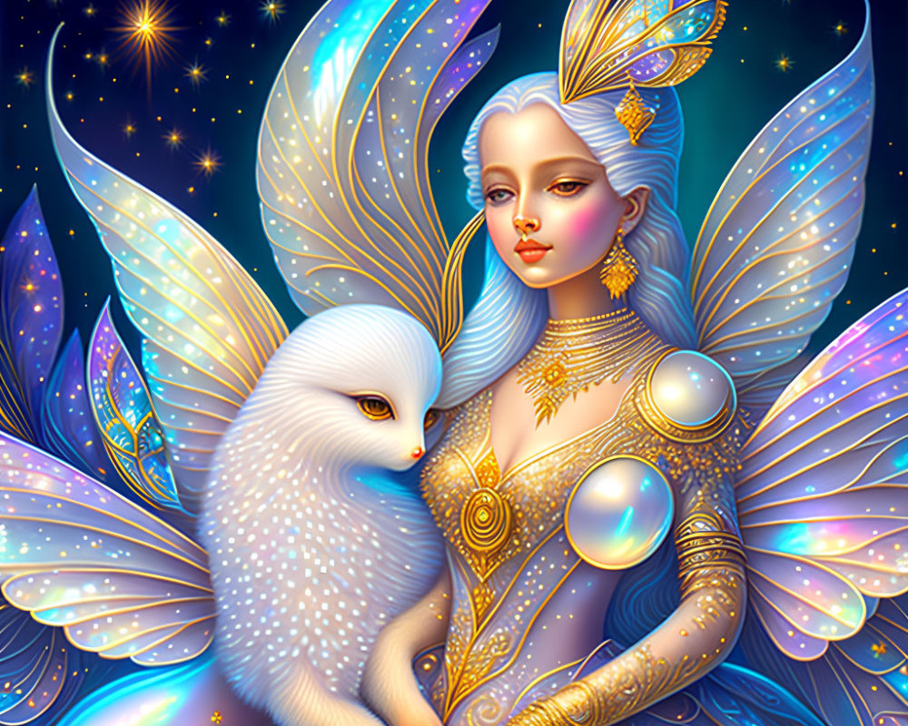 Radiant fairy with blue wings holding white owl in starry night scene