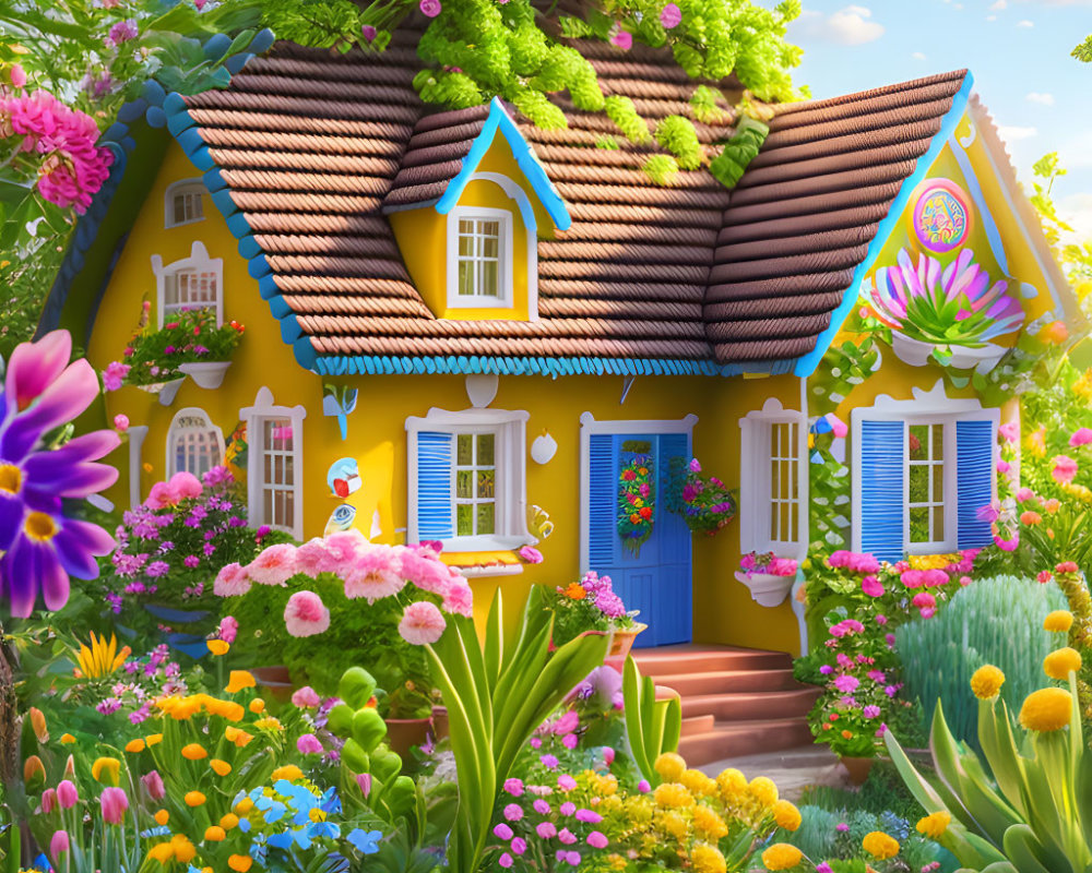 Colorful fairy-tale cottage with thatched roof in lush garden