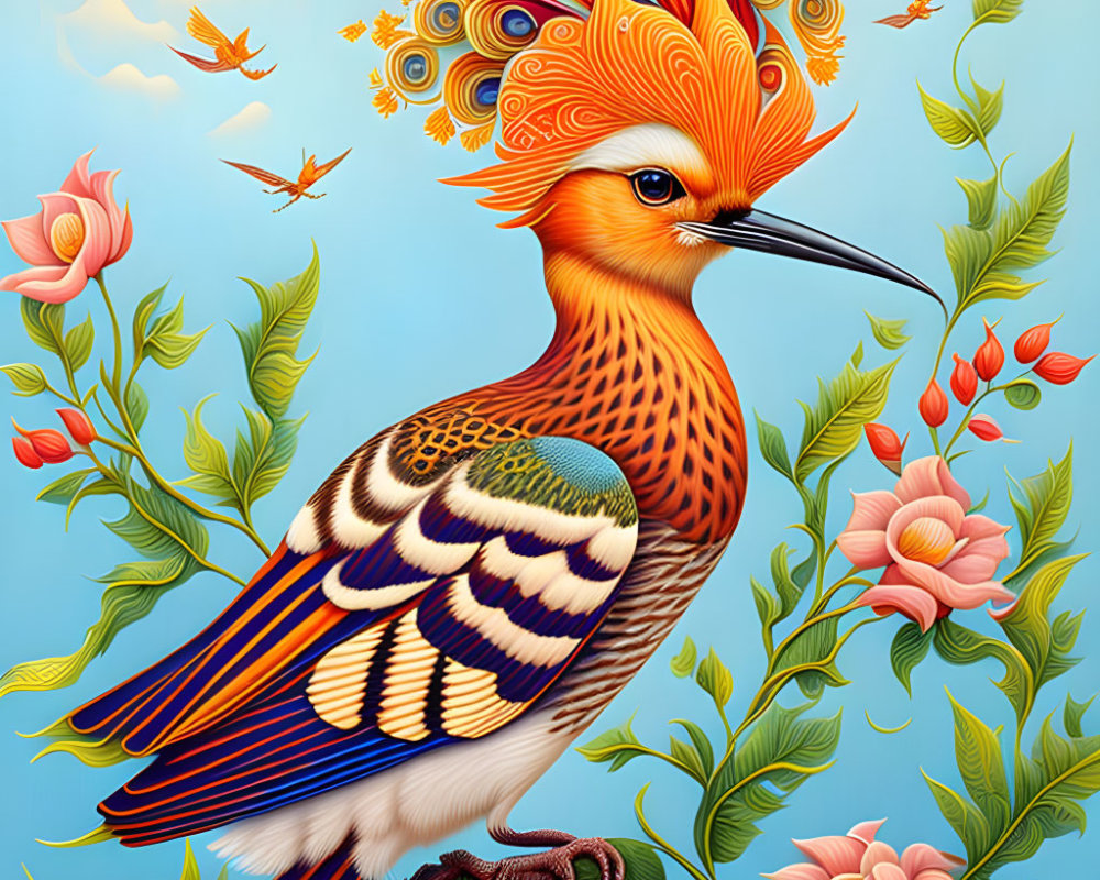 Colorful fantastical bird illustration with intricate plumage in floral setting on blue sky.