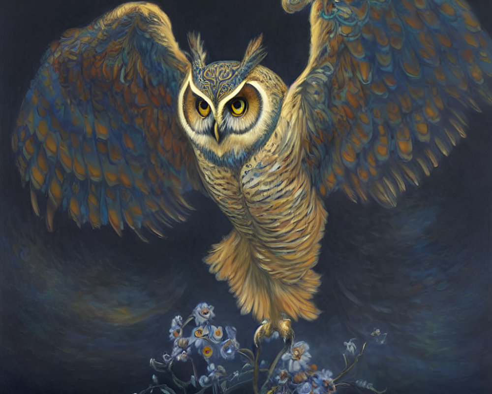 Detailed Owl with Outstretched Wings and Blue Flowers on Dark Background