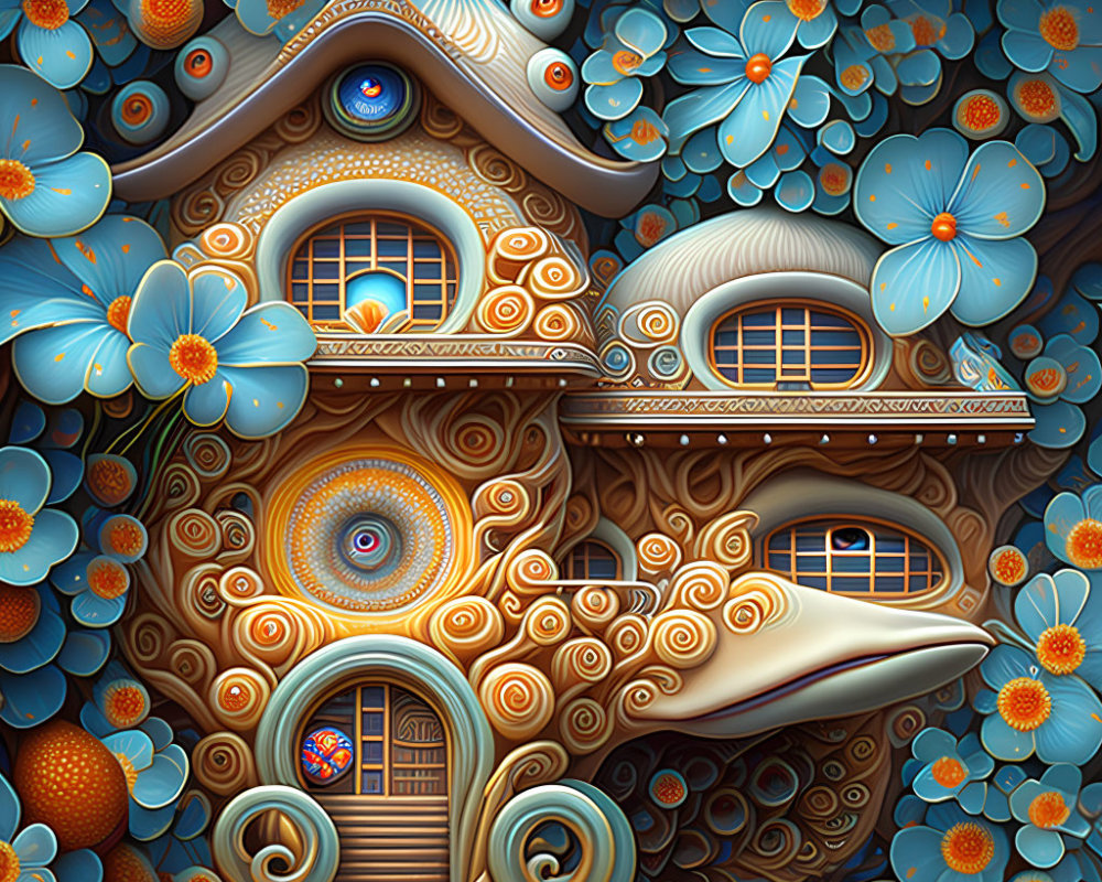 Whimsical illustration of cozy, fantastical house with blue flowers and circular windows