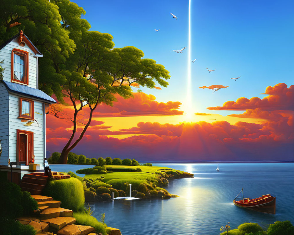 Scenic sunset by the sea with house, fishing person, birds, and boat