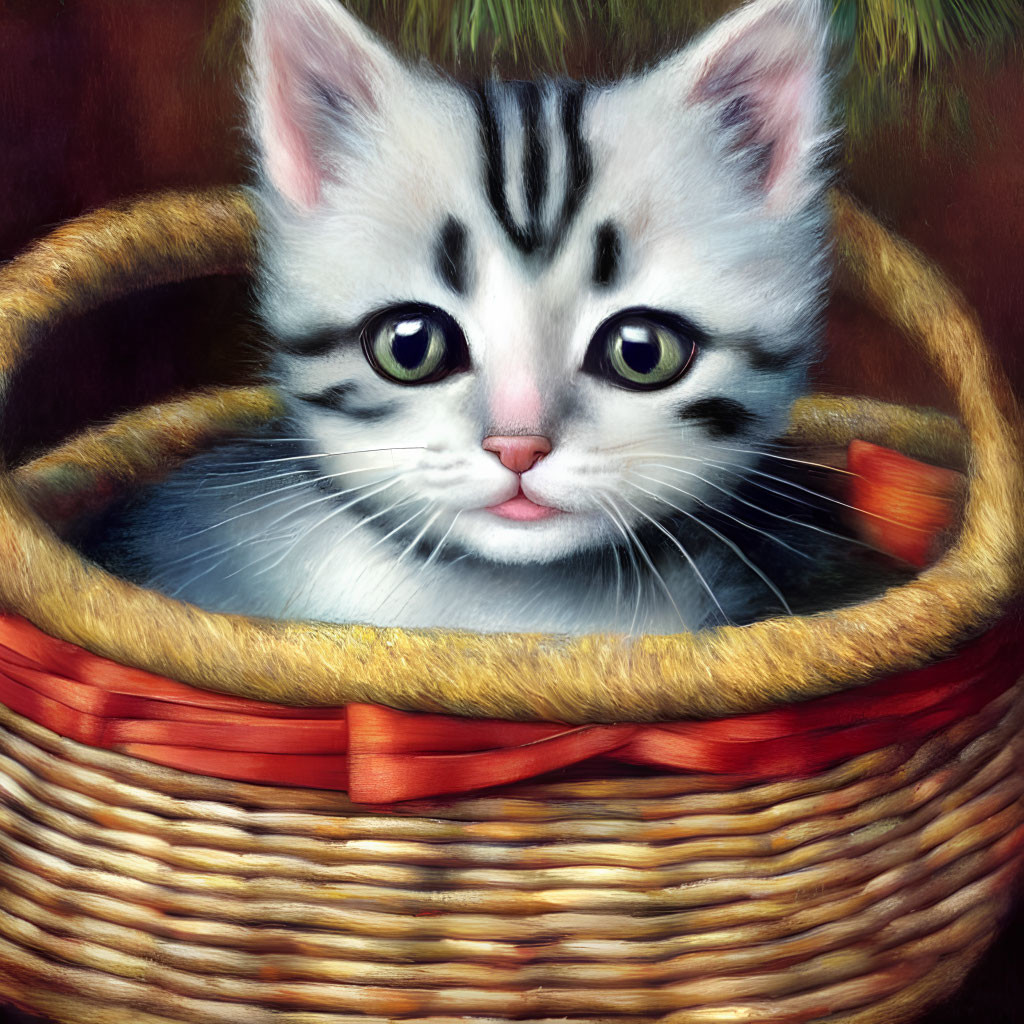 Adorable white and grey striped kitten in wicker basket with red ribbon