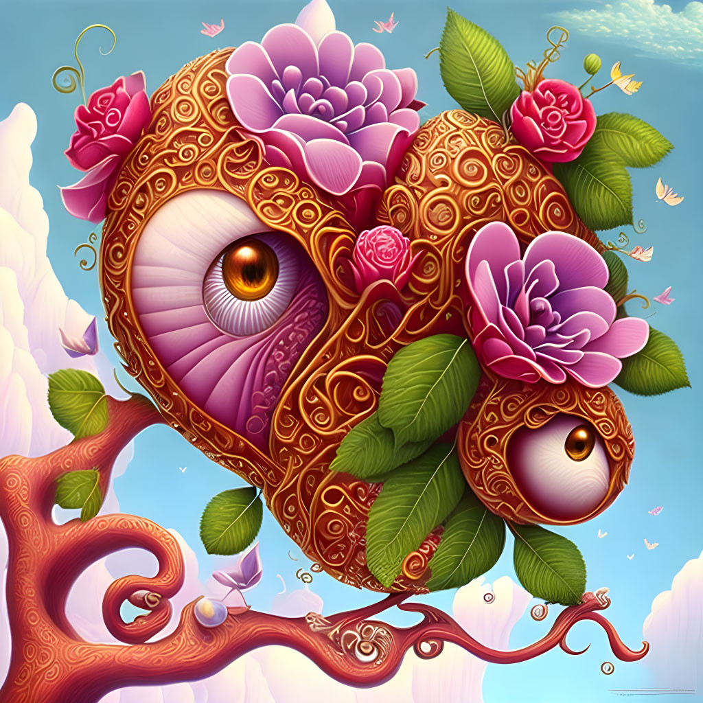 Surreal heart with eyes and flowers against whimsical tree