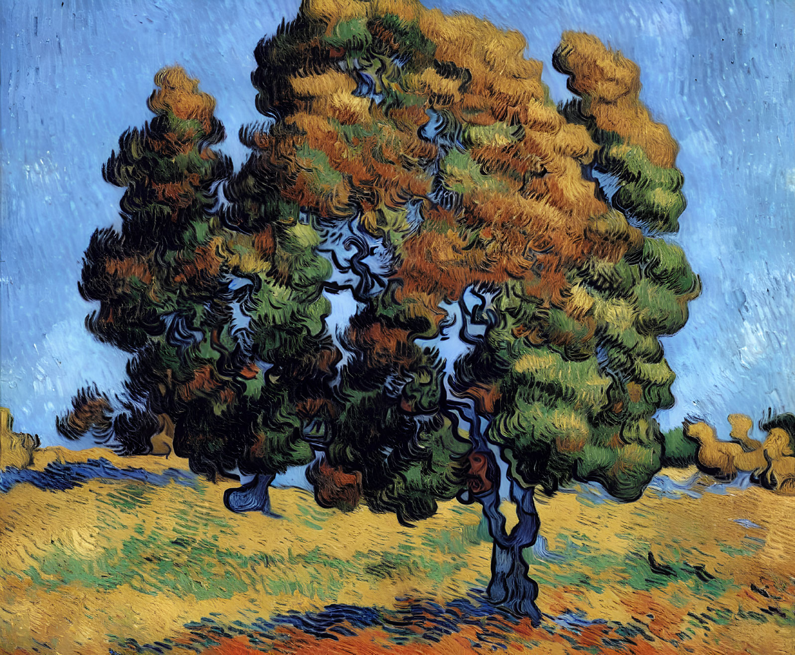 Vibrant swirling tree painting with expressive brush strokes on blue sky and golden field