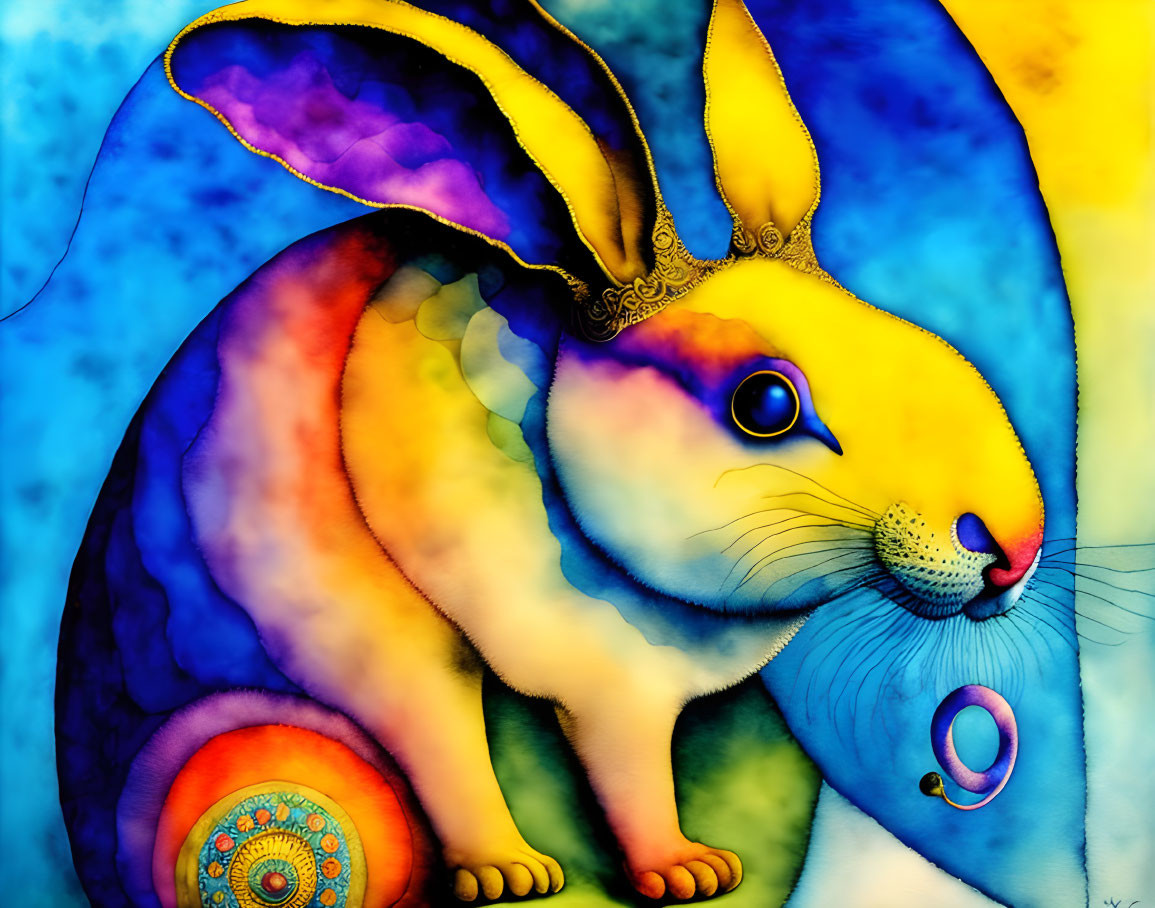 Vibrant stylized rabbit painting with intricate patterns