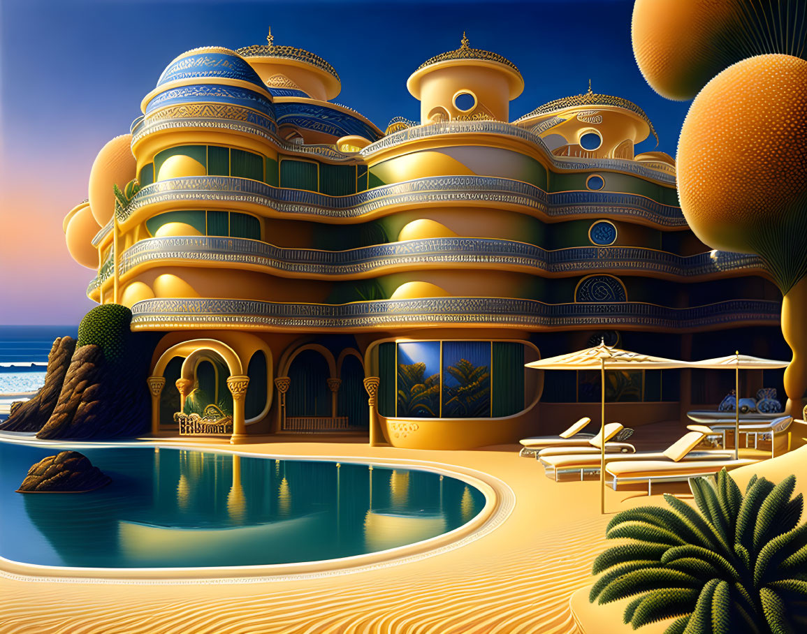 Opulent golden palace with domes by tranquil pool and ocean at dusk