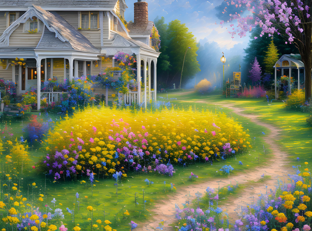 Cozy cottage in colorful flower garden with sunlit pathway