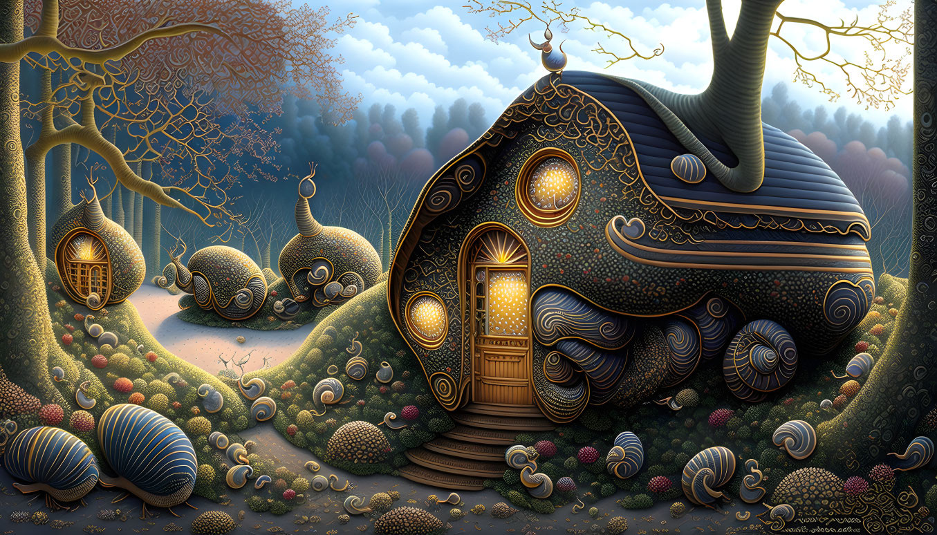 Unique Snail-Shaped Houses in Enchanted Forest Setting