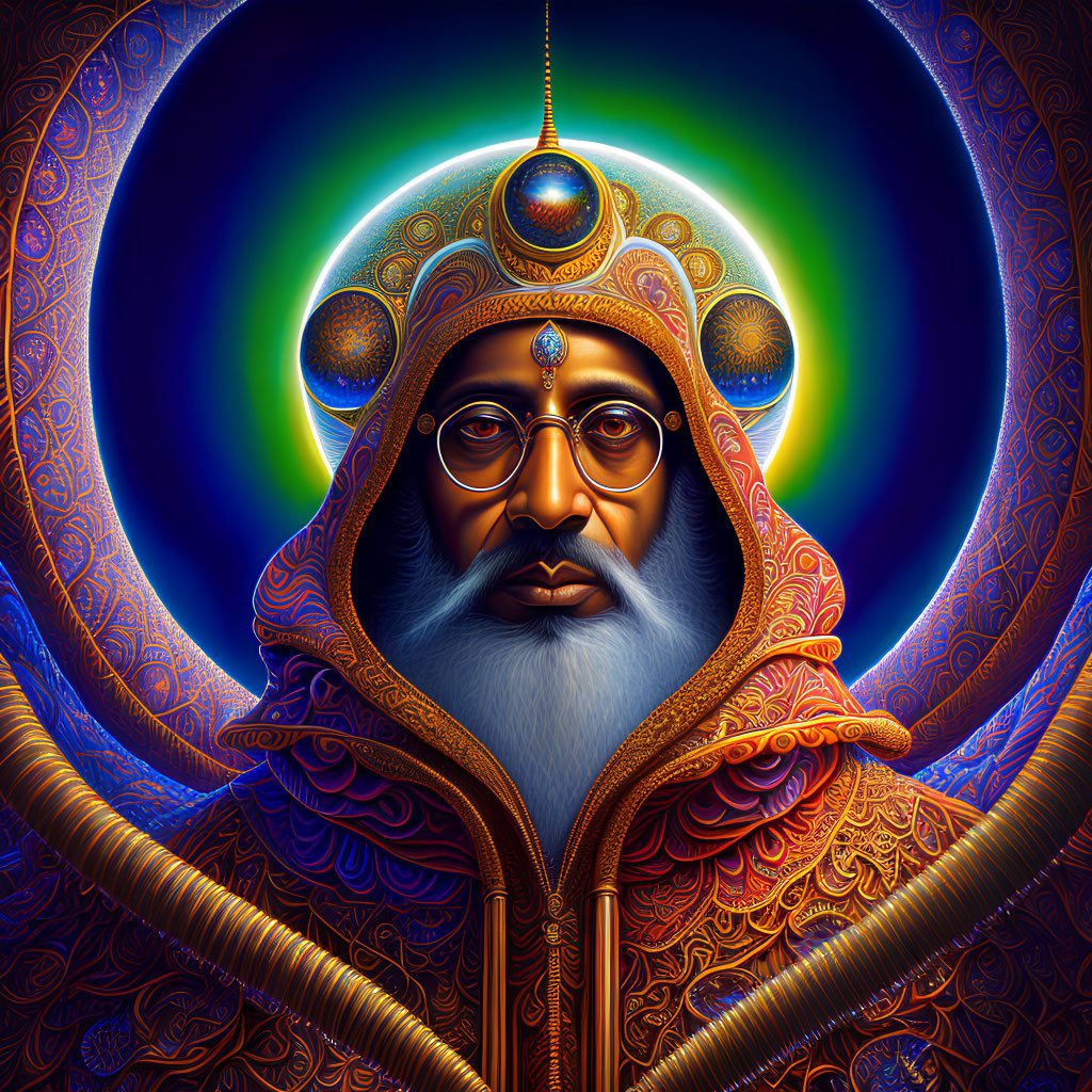 Colorful digital artwork: Bearded figure in regal attire with halo on dark blue background