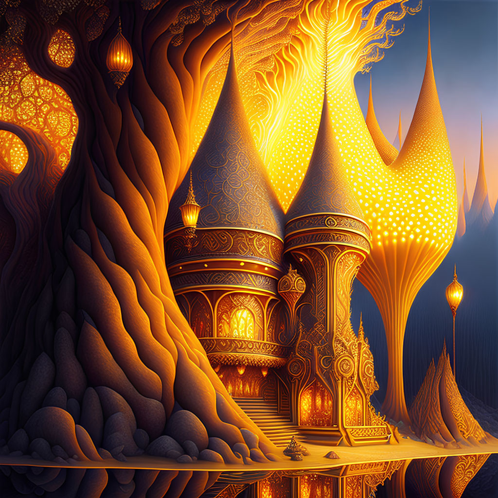 Enchanting Fantasy Landscape with Ornate Tree-like Structures and Lanterns