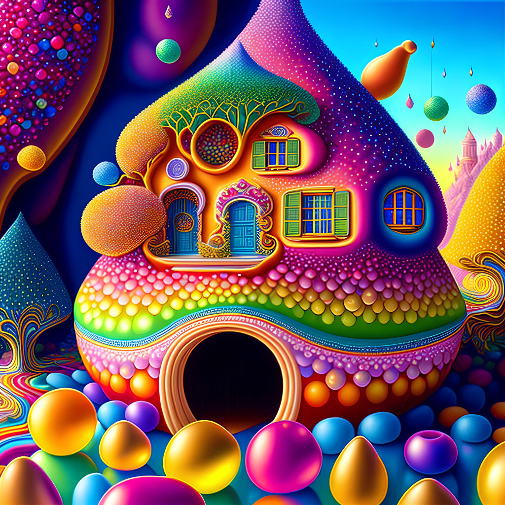 Colorful Fantasy Mushroom House in Vibrant Surreal Landscape