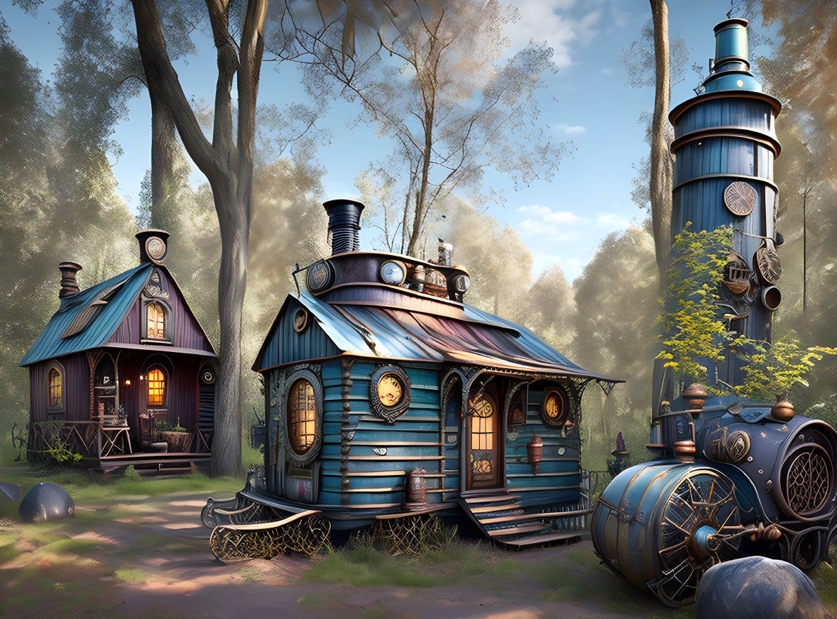 Steampunk illustration of locomotive-like house in forest