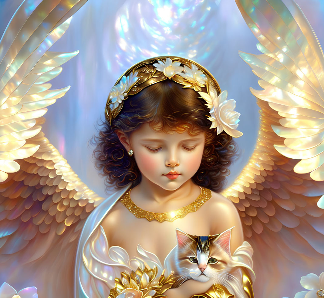 Golden-winged angelic girl with floral tiara holding a kitten in serene setting