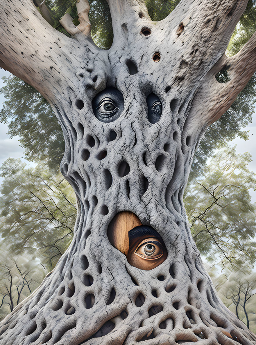 Whimsical tree with human-like eyes and facial features in bark