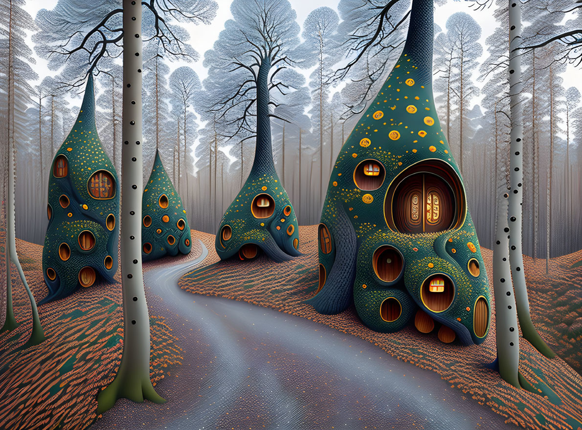 Whimsical blue tree houses in a fantasy forest setting