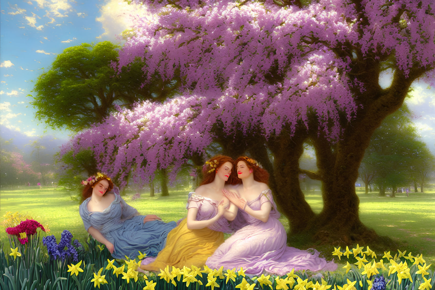 Three women in flowing dresses under pink tree in vibrant garden