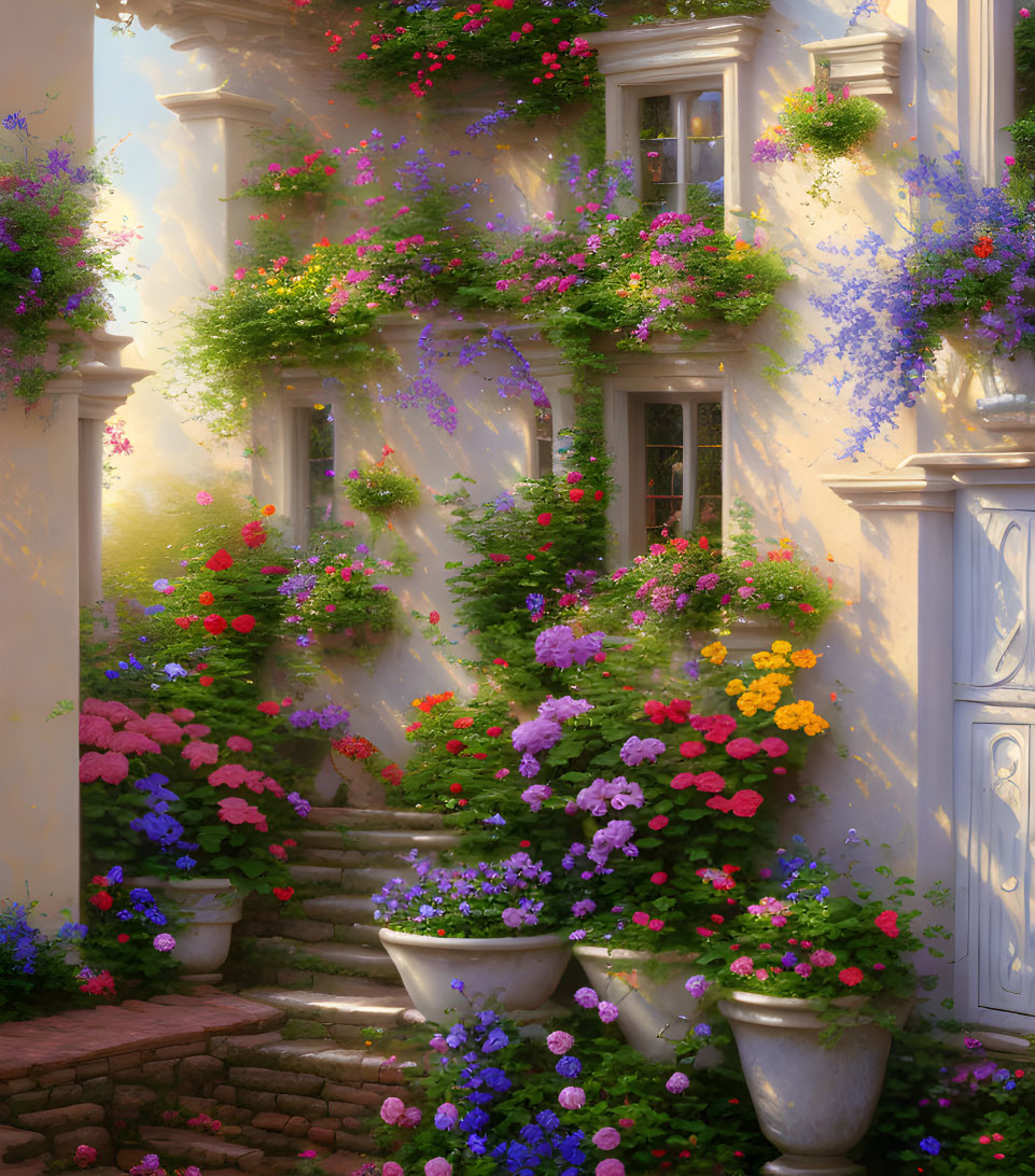 Idyllic stone stairway and white door with vibrant blooms and lush greenery