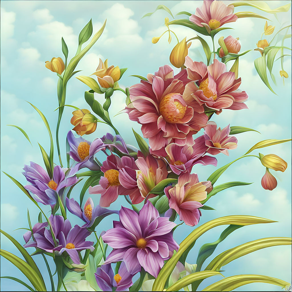 Colorful Illustrated Flower Bouquet on Sky Background