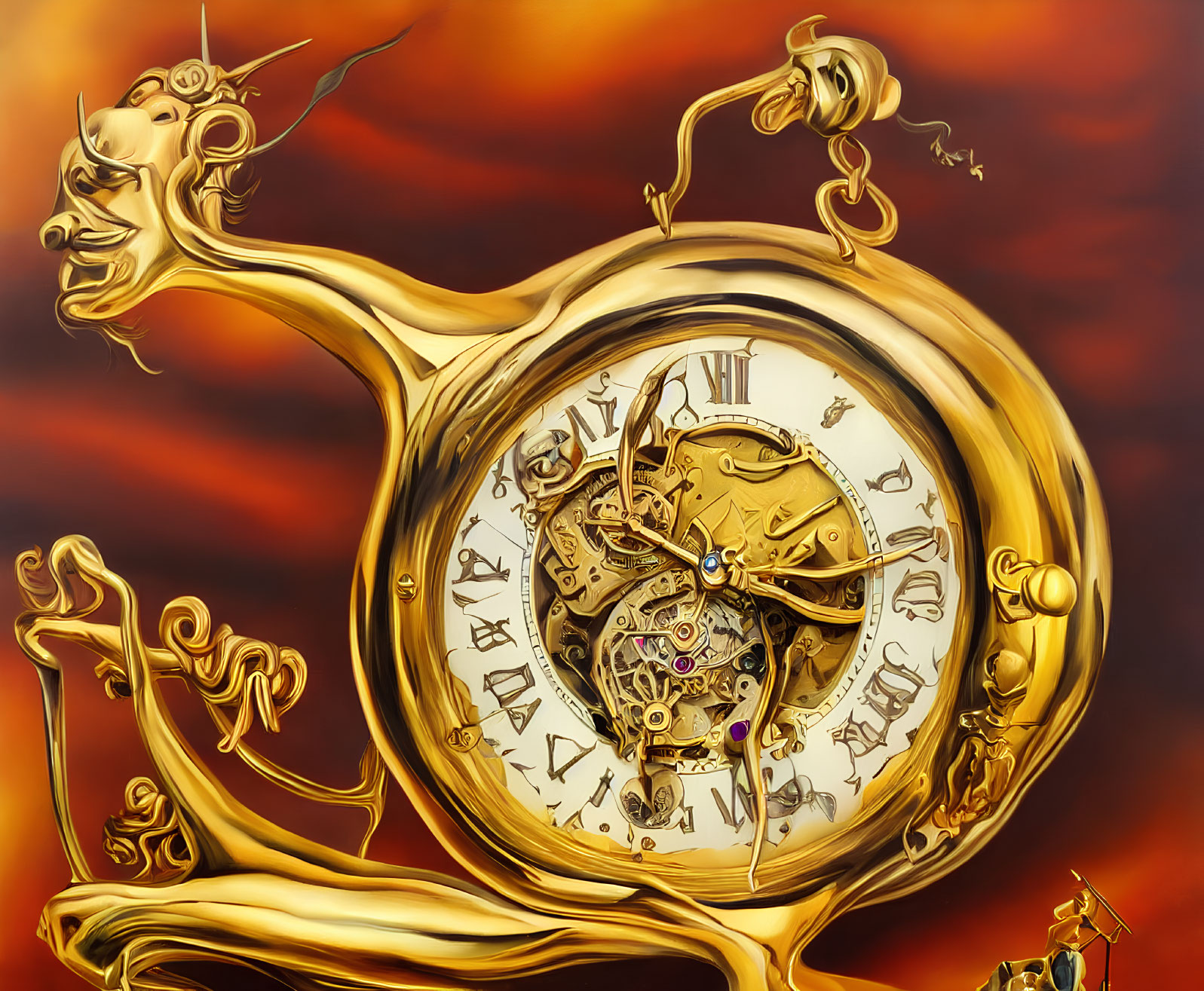 Intricate golden pocket watch with exposed gears melting over barren landscape