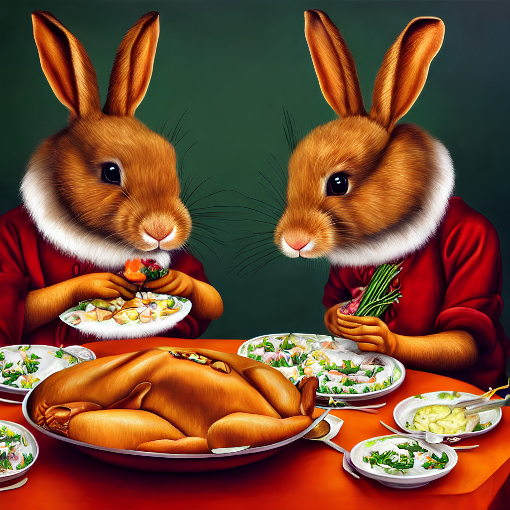 Anthropomorphic rabbits in red outfits with a roasted turkey and vegetables.