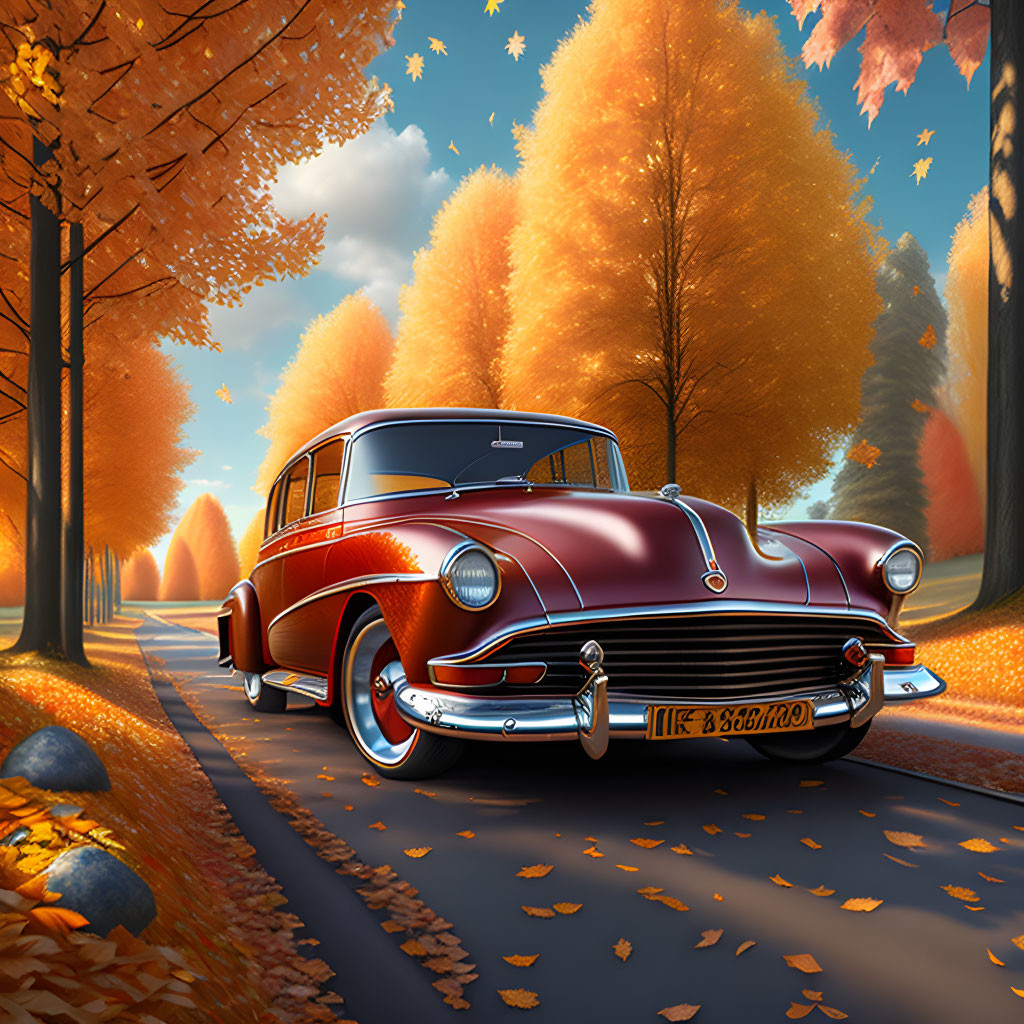 Vintage red car parked on autumn tree-lined road under sunny sky