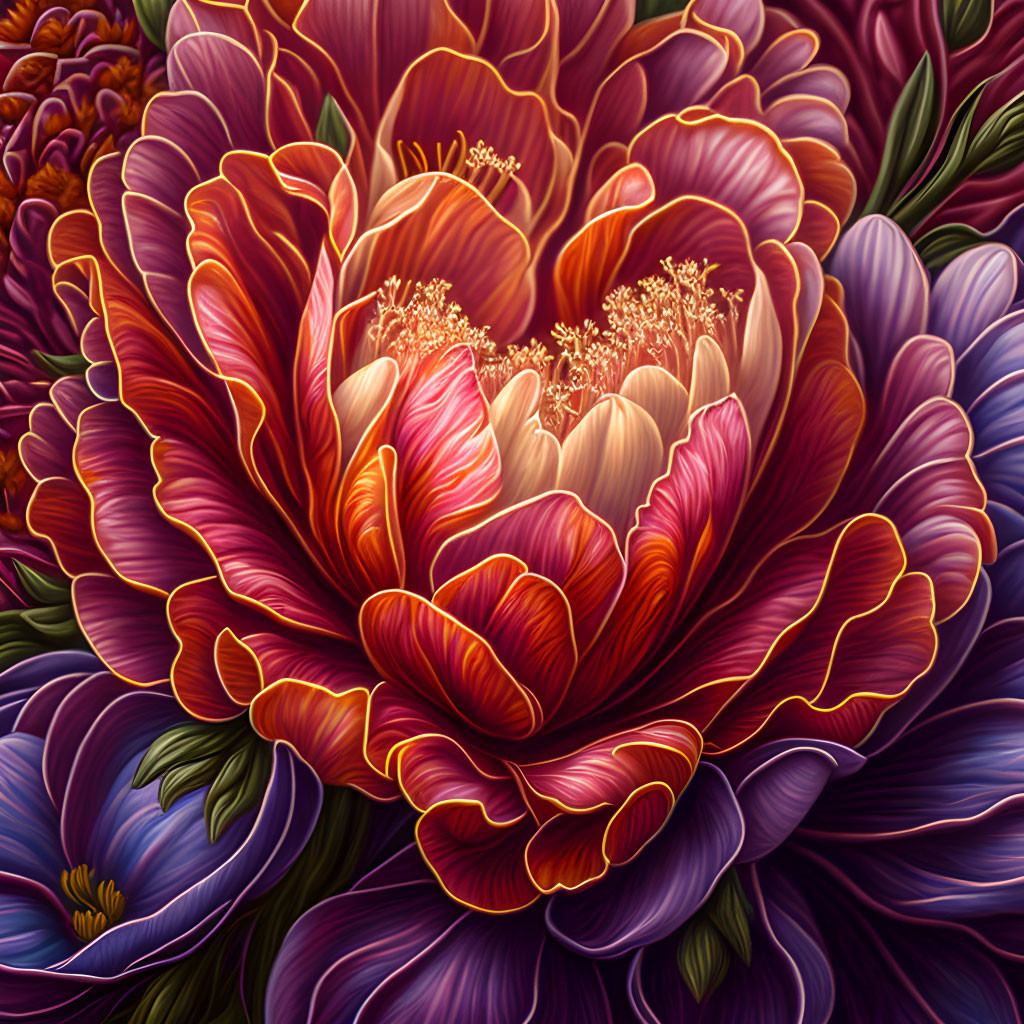 Colorful digital artwork: Heart-shaped floral blossoms in rich purples, reds, and